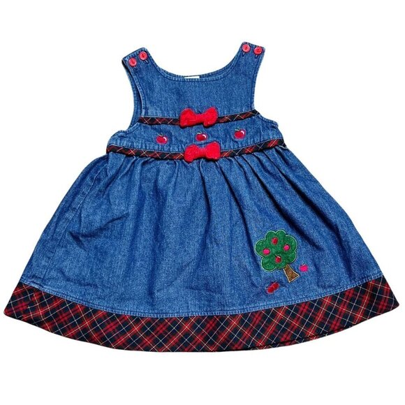 A Little Angel Dress Girls Size 2T Denim Plaid Trim Apple Embroidered - Picture 1 of 5